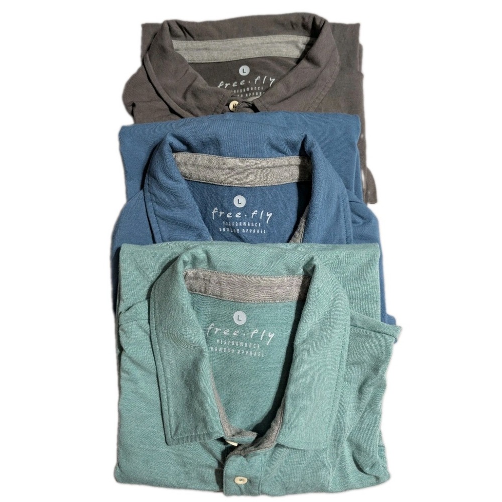 Free Fly Bamboo Performance Polo Shirts Mens Large Lot 3 Blue Gray Aqua Stretch